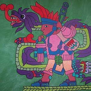 Buntes Wandbild des Quetzalcoatl mit Federschlange